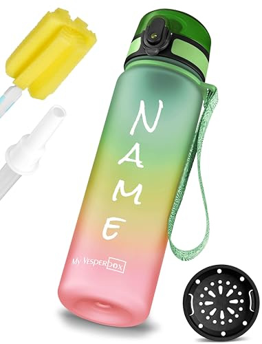 My Vesperbox® Gourde personnalisée pour enfants 500 ml [avec paille et tamis] – Bouteille d'eau adaptée aux boissons gazeuses et anti-fuite – Pour l'école et le sport – Sans BPA