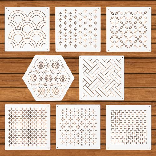 8st Plast Sashiko Stencil Kit, Ritningslinje Broderimönster Geometrisk Sashiko Mönster Mall Stabilisatorer Ritlinje Quiltning Stencil för Sömnad Broderi Hand Quiltning