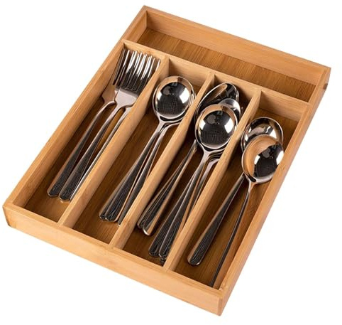 Organisateur d'ustensiles Plateau - Organisateur de tiroir de couverts en bois, plateau de rangement des couverts | 5 compartiments Cuisine Sargetware Organizer Plateau en bois Rangement réglable pour