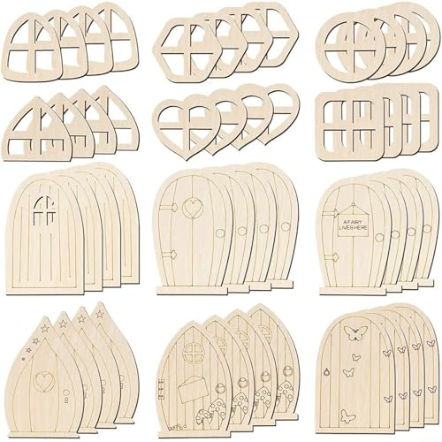 Entgoinggo 48 Stück leere Mini-Türen und Fenster aus Holz im Wunderland für den Außenbereich zu Hause (subtile Stile)