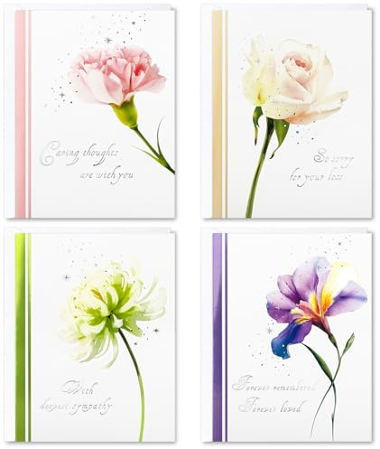 Assortimento di biglietti di condoglianze, biglietti di auguri con buste e adesivi, 4 motivi floreali