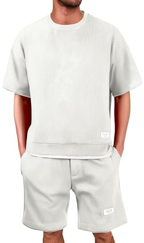 Generisch Waffle Jogginganzug Herren Sommer Trainingsanzug Zweiteiler Fitnesskleidung Kurz Freizeitanzug 2 Teiler Outfit Sportanzug Hemd Und Shorts Set Sommeranzug Y2k Tracksuit
