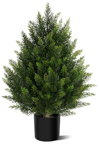 Artificial Topiary Cedar Trees 60cm, Indoor Outdoor Fake Potted Boxwood Evergreen Plants with PE Leaves, Faux Bushes Shrub Pine Tree for Home Garden Front Porch Decor