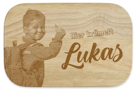 Personalisiertes Frühstücksbrettchen Fotogravur Motiv, Ihr Text mit Laser in Gummibaum Hartholz eingebrannt, 23x15cm, Geschenk für Kinder