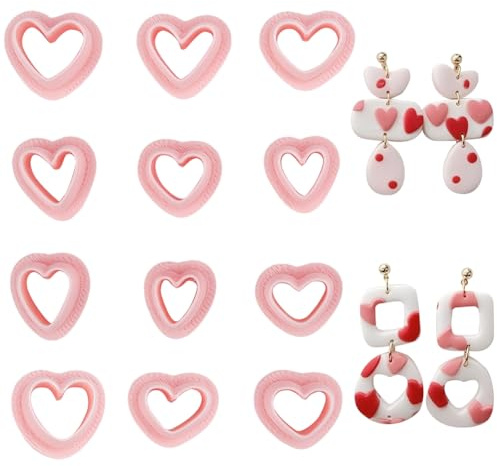 SUNNYCLUE 1 caja de 12 cortadores de Arcilla Polimérica con Forma de Corazón de 12 estilos para San Valentín, Moldes de Corte Prensados de Plástico con Forma de Corazón, Juego de Herramientas para Hac
