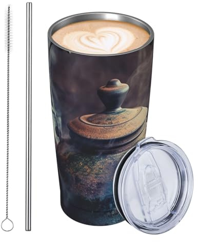 JKASDTRP Vaso de viaje de acero inoxidable de 20 onzas, taza de café de viaje a prueba de fugas con tapa y pajita, taza de té antigua, vasos para bebidas, regalos para mujeres, hombres y amantes