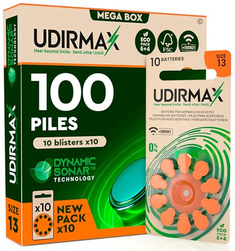 100 Batterie per Apparecchi Acustici PR48 Misura 13 (Arancioni) Pile Udirmax Zinco-Aria 0% Mercurio 1,45V con Tecnologia Dynamic Sonar Eco Pack - 10 Blister Ecologici da 10 Pile