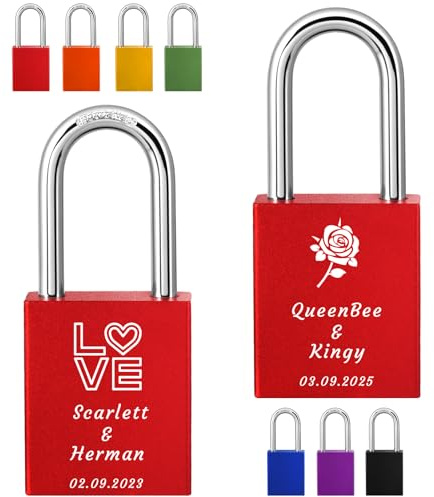 Liebesschloss mit Gravur personalisierbar - Alu-Vorhängeschloss wetterfest mit 2 Schlüsseln - Mit eigenem Text und Datum - Geschenk für Paare, Jahrestag, Valentinstag