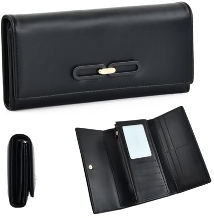 Porte Monnaie Femme Cuir, 19x3,5x9,2cm, Portefeuille Femme Grand Format avec 9 Emplacements Cartes, 3 Compartiments Billets, 1 Poche Monnaie et 1 Emplacement Photo, Porte Feuille Carte Chequier