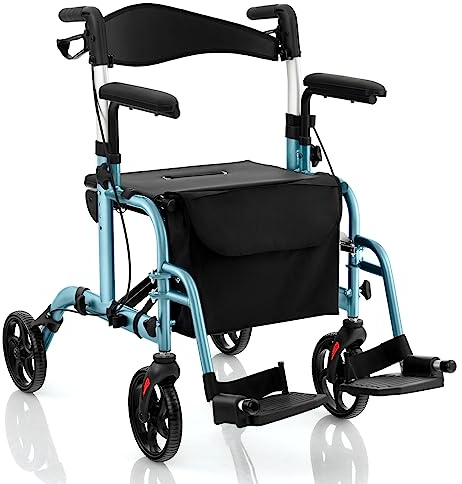 COSTWAY 2 en 1 Andador Plegable para ancianos, caminadores para mayores con Asiento y Respaldo Reversible, Silla de Ruedas con Manija Ajustable, Freno de Mano, Portaparaguas y Bolsa (azul)