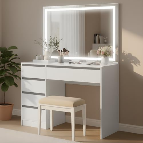 Bellamio Nore Schminktisch mit Beleuchtung – Kosmetiktisch mit Spiegel & LED-Strip – großer Frisiertisch mit 5 Schubladen weiß – Make Up Tisch 110x75x53 cm – 3 Farbstufen & Touch-Sensor