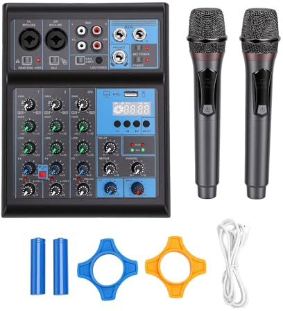 Cuifati Mezclador de Audio Profesional, Mezclador de Sonido de 4 Canales con Micrófono Inalámbrico Dual, Consola de Sonido MP3 Bluetooth 48V Alimentación USB Interfaz DJ Mezcla para