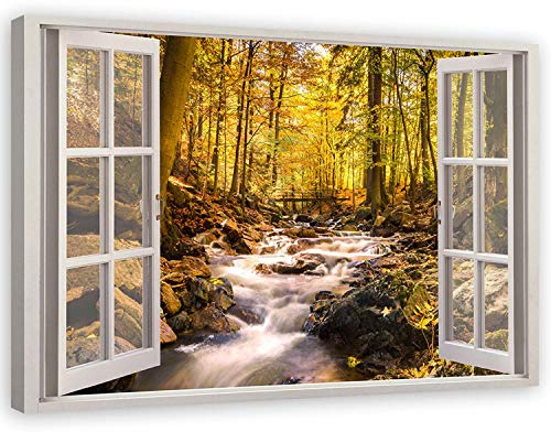 Feeby Leinwand Bilder - Bild Wohnzimmer - Fensterblick Fluss im Wald Herbst - 120x80 cm XXL 1tlg - Deko Schlafzimmer Groß - Dekoration Canvas - Gemälde - Modern Wandbilder - Kunstdruck