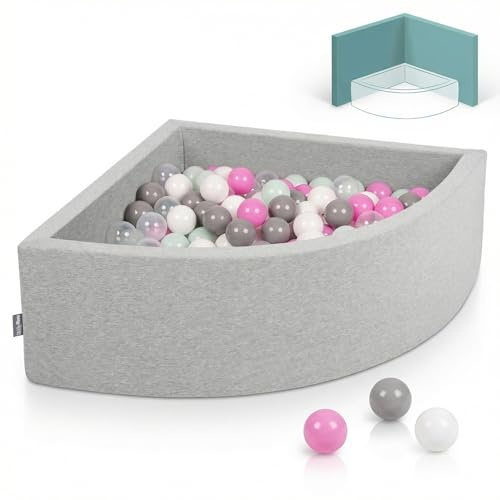 KiddyMoon Viertel Eckig Bällebad Bällepool 90X30cm/200 Bälle ∅ 7Cm Ballgruben Für Babys Spielbad Kleinkinder, Hergestellt In Der EU, Hellgrau:Transparent/Grau/Weiß/Pink/Minze