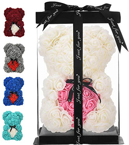 orso rosa - orsacchiotto rosa 10 pollici Hugz Teddy Flower Bear - Oltre 250 dozzine di fiori artificiali - regali unici, regali per le donne Scatola regalo trasparente (white)
