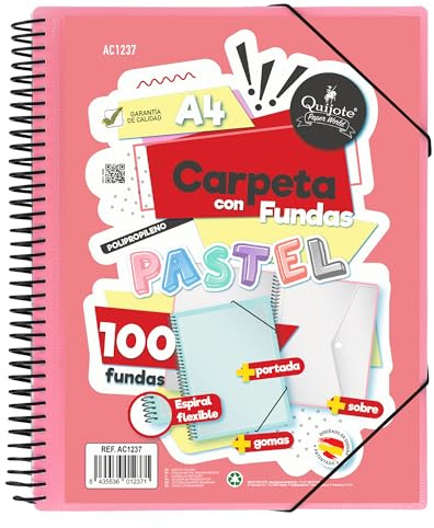Starplast Carpeta Con Fundas Espiral Flexible - 100 fundas transparentes, A4, cierre elástico, tapa polipropileno, portada personalizable, para uso Escolar y Oficina - color Rosa Pastel