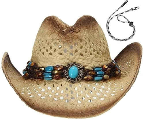 GEMVIE Cappello da cowgirl in paglia da donna, cappello da cowboy da spiaggia, cappello da sole, cappello da cowboy estivo, Beige, 7 1/8-7 1/4