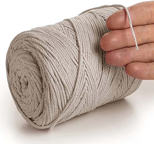 MeriWoolArt® Makramee Garn 2 mm x 250 m Baumwollkordel, recyceltes weiches Baumwollgarn für das Stricken von Pflanzenhängern, Schmuckherstellung, Häkeltaschen, (Beige, 2mm)