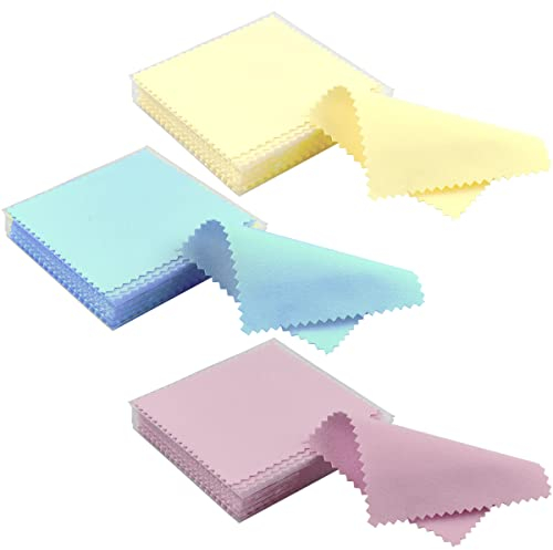 Paquete de 60 paños de limpieza para joyas de plata de ley, oro y platino, monedas de latón, pequeño rosa, amarillo, azul, paño pulido envuelto individualmente para gafas de reloj (3.1 x 3.1 pulgadas)