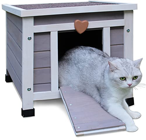 Deblue Weatherproof Cat House for Outdoor Cats, Wooden Small Pet House Outside, Feral Cat Shelter with Elevated Floor and Lockable Door - Grey