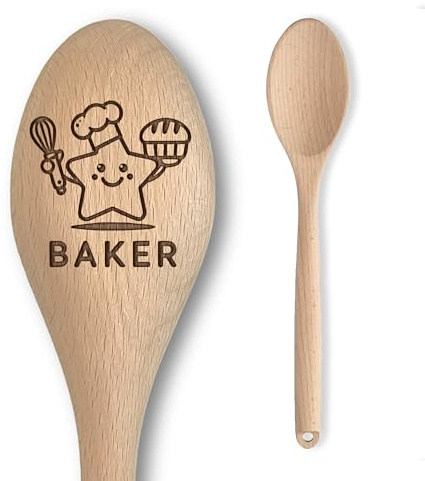 Star Spoon Baker Baking Off Winners Trophy Gift | Multiple Designs Available! | Baking + Cooking Competition Prize | Novelty Engraved Solid Beech Wooden Spoon (Style 1)