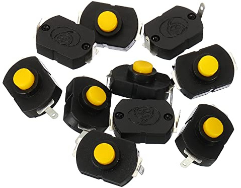 PATIKIL 10Stk Verriegelung Drücken Schaltfläche Schalter KAN-23 Gebogen Pin mit Loch Ein/Aus Selbstsperrung DC 30V 1A Mikro Schalter für Taschenlampe Licht Stab Ausgang Schwarz