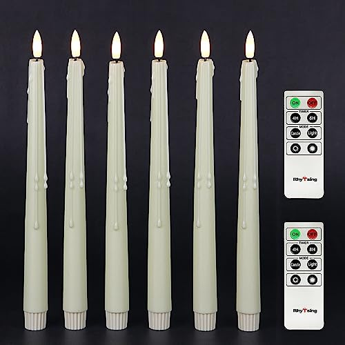 Rhytsing 6 Velas cónicas led sin llama de color blanco natural con temporizador, velas de pilas para candelabros, diseño de goteo de cera larga 2 mandos a distancia incluidos, Altura 29cm (marfil)