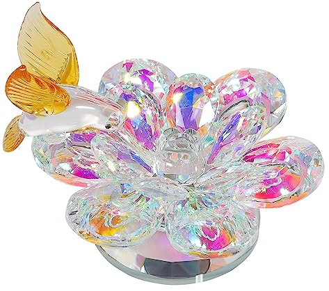 Ornalrist Crystal Flower with Yellow Hummingbird Ornaments Gifts for Women | Glass Flower with Yellow Hummingbird Figurine Paperweight with Rotatable Base Gifts for Women Ornaments for Living Room