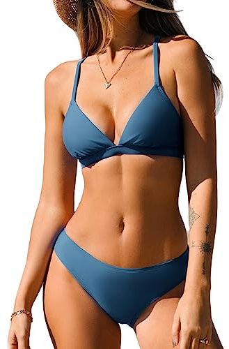 CUPSHE Bikini Set for Women Two Piece Swimsuits V Neck Low Rise Crisscross Back Self Tie Spaghetti Straps,M Steel Blue