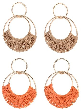 FDEETY Ohrringe für Damen Bohemian Raffia Hoop baumeln Ohrringe Hand gefertigte Stroh Wicker Rattan Ohrringe Runde Ohrringe