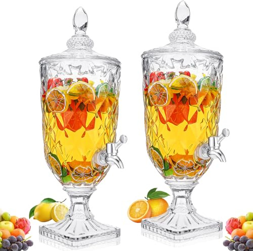 Nuogo 2 Pcs 0.8 Gallon Drink Dispensers for Parties Glass Beverage Dispenser with Stand and Spigot Vintage Iced Beverage Dispenser Crystal Drink Dispensers Glass Fountain for Birthday Party Home