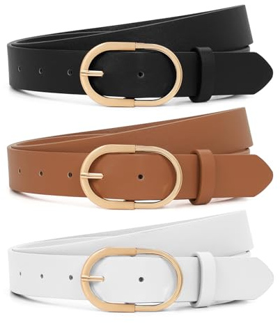 XZQTIVE 3 Pack Women's Leather Belt for Jeans Pants Ladies Fashion Leather Belt for Dresses Shiny Golden Buckle Waist Belt