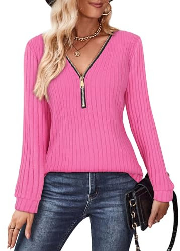 Gemulate Long Sleeve Slim fit Tops for Women V Neck Zipper Sweaters Ladies Lightweight Zip up Blouse Sweatshirt Ribbed Winter Top Hot Pink M