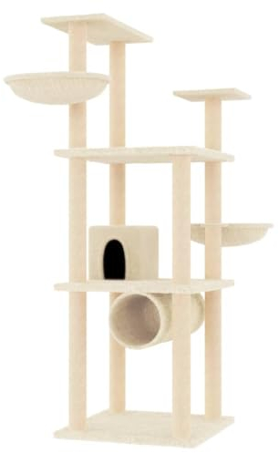 Coavain Kratzbaum mit Sisal-Kratzsäulen Creme 72,5x96,5x141 cm Klassische Katzenmöbel Mit Plattformen Indoor Tätigkeitsbereich für Haustiere Praktisches Design Katzen Entspannen Holz&Plüsch