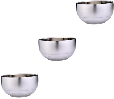 LIFKOME 3pcs Stainless Steel Double-Layer Soup Bowl Shatterproof Heat Insulating Rice Bowl Lids for Microwave