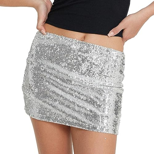 FeMereina Mini falda de lentejuelas brillantes para mujer cintura baja Y2k Falda lápiz ajustada brillante baile fiesta falda corta Streetwear, plateado., 36