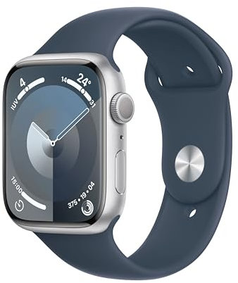 Apple Watch Series 9 [GPS, 45mm] - Silver Aluminium Case with Tempest Blue Sport Band, S/M (Renewed)