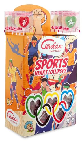 Caramelos Cerdán | Piruleta SPORTS Hearts Lollipop | Caramelos de Sabores Surtidos Frutas y Cola | Sin Gluten ni Alérgenos | Ideal para Fiestas, Eventos y Cumpleaños | Estuche de 200 Unidades