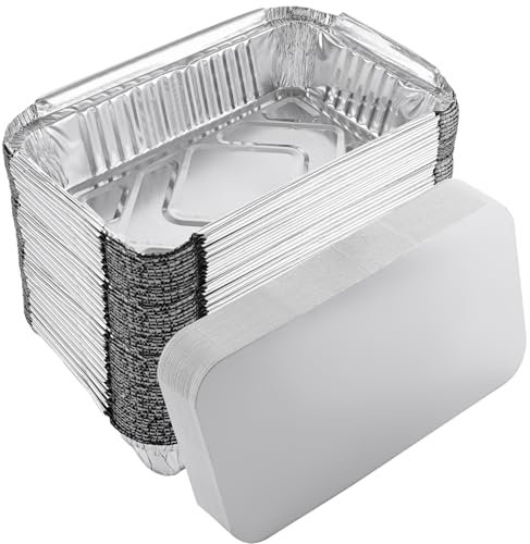 JMIATRY 100 Pcs Aluminum Foil Trays with Lids, 21 x 14 x 5cm Disposable Foil Food Containers with Lids, 800ml Takeaway Tin Foils Trays for Food Storage, Roasting, Baking, Broiling and Freezing