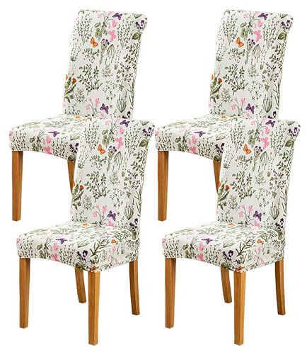 HZDHCLH Stuhlhussen 4er Set Stuhlbezüge Stretch abnehmbar, waschbar | Esszimmerstuhl-Schutzsitz für Hotel Restaurant Küche Hochzeitsfeier（Blumen und Gras/4 Stück）