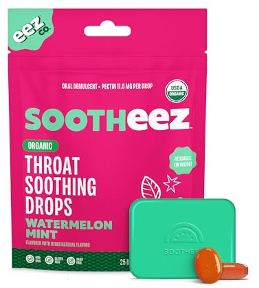 Lolleez Sootheez Organic Throat Soothing Drops for Adults, Watermelon Mint, 25 Count, Refillable, Great Tasting Drops That Sooth Sore Throats