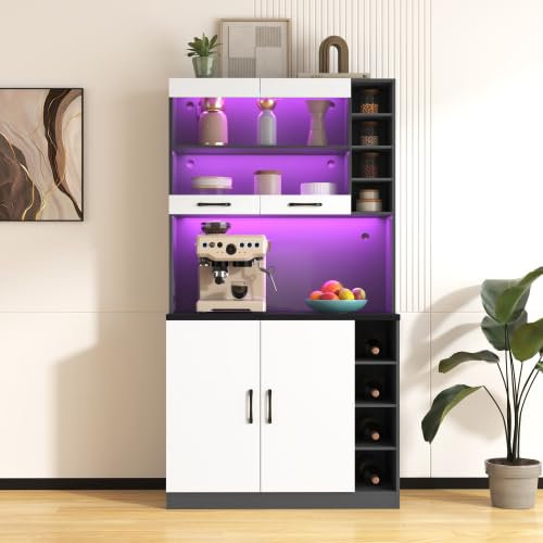 100x47x187cm, Küchenschrank, Buffet mit LED-Ambiente-Beleuchtung und Kabellöchern, Küchen-Highboard aus Holz, großer Platz für Mikrowelle, freistehend, höhenverstellbare seitliche Ablagefächer