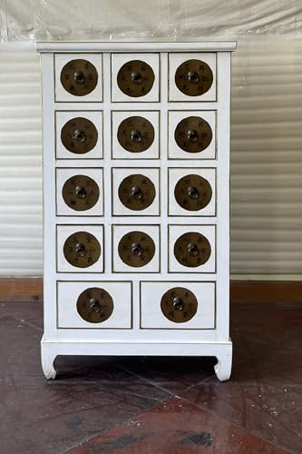Antiker Apothekerschrank Apothekerkommode Büroschrank Aktenschrank Sideboard Kommode Anrichte mit 14 Schubladen Breite66xHöhe114cm Farbe: weiß mit Gold