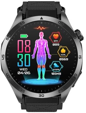 Knauermann PRO 3 Fan Edition rund (2025) Schwarz, Gesundheitsuhr Smartwatch mit Telefoniefunktion, EKG Plus HRV und SOS Funktion, BT Bluetooth, Schlafapnoe, Klett Schwarz, 14-24