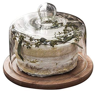 IUokLU Käseplatten-Abdeckungen Kuchentablett mit Glasdeckel geriffelter Dessert-Sushi-Teller aus Holz Glas-Salat-Donut-Kuppel,21 * 21 * 10CM