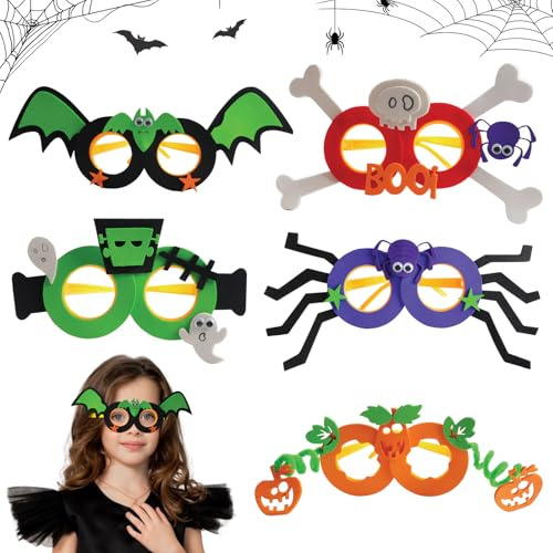 Halloween Basteln Kinder, 5 Stück Cartoon Gruselbrillen mit Fledermaus, Geist, Spinne, Kürbis und Schädel, Basteln Brille Halloween, Kreatives DIY Bastelset Kinder für Halloweendeko Geburtstagsparty