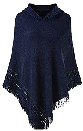 Damen-Winter-Poncho mit Kapuze, einfarbig, gehäkelt, Fransen, Übergröße, Pullover, Winter, Kapuze, Schal, gestrickt, warm, langer Schal, Ohrenklappe, Halswärmer, Seide, marineblau, Einheitsgröße