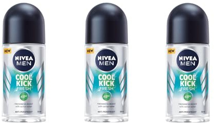 NIVEA Men Cool Kick Fresh Roll-On Deodorant 50ml, 48H Antiperspirant, Cactus Water, Cooling Sensation, Alcohol-Free, Dermatologically Tested, Long-Lasting Fresh Scent, Skin-Friendly, Pack of 3