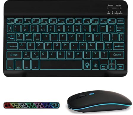 COEZFE Backlit Bluetooth Keyboard and Mouse Set, Ultra-Slim Wireless Keyboard and Mouse with 7-Color Backlit for iPad/Samsung Tablets/Lenovo Tablets & Other iOS Android Windows Devices, UK Layout