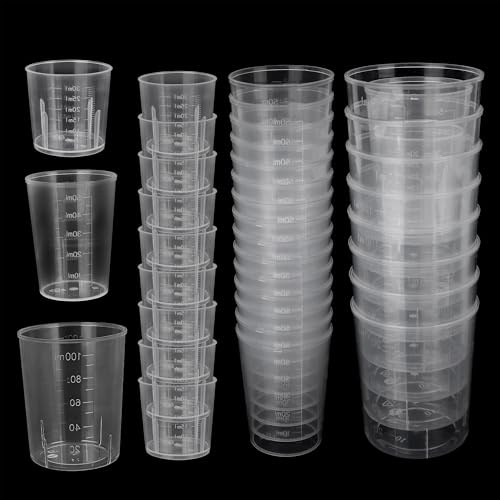 WENLISELL 100 PCS Plastic Measuring Cups for Resin, 30ml/50ml/100ml Reusable Paint Mixing Cups, Transparent Plastic Liquid Beakers Cup for Kitchen Cooking Measure Tool
